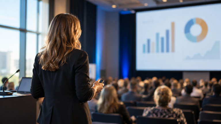 A woman presenting data visualisations to an audience at a professional conference.