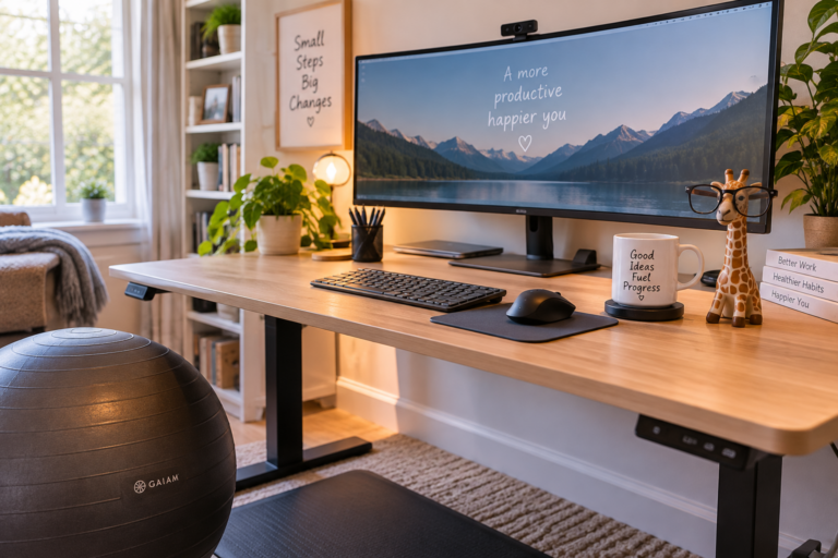 Home office with an adjustable standing desk, curved monitor, stability ball chair, coffee mug warmer and giraffe glasses holder.