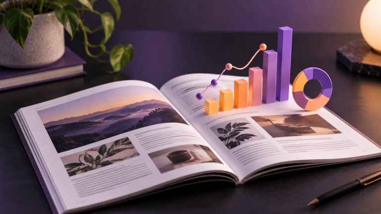 Open magazine with colourful three-dimensional analytics charts rising from its pages, including a bar chart, line graph and doughnut chart.