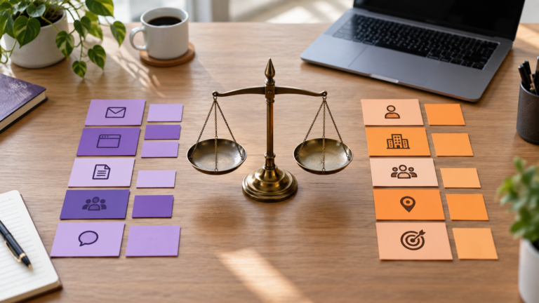 Brass balance scale between purple engagement cards and orange customer fit cards on a modern office desk.