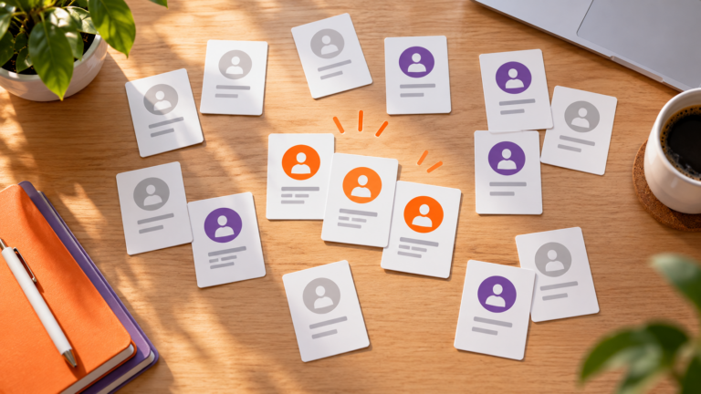 Overhead view of contact profile cards with orange, purple and grey indicators, illustrating how lead scoring helps prioritise contacts.