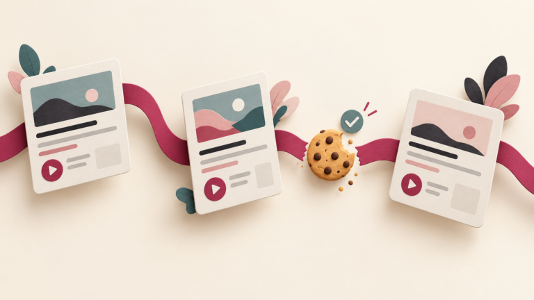 Illustration of webpage recordings linked by a berry ribbon, with a cookie and consent checkmark bridging a gap in the visitor journey
